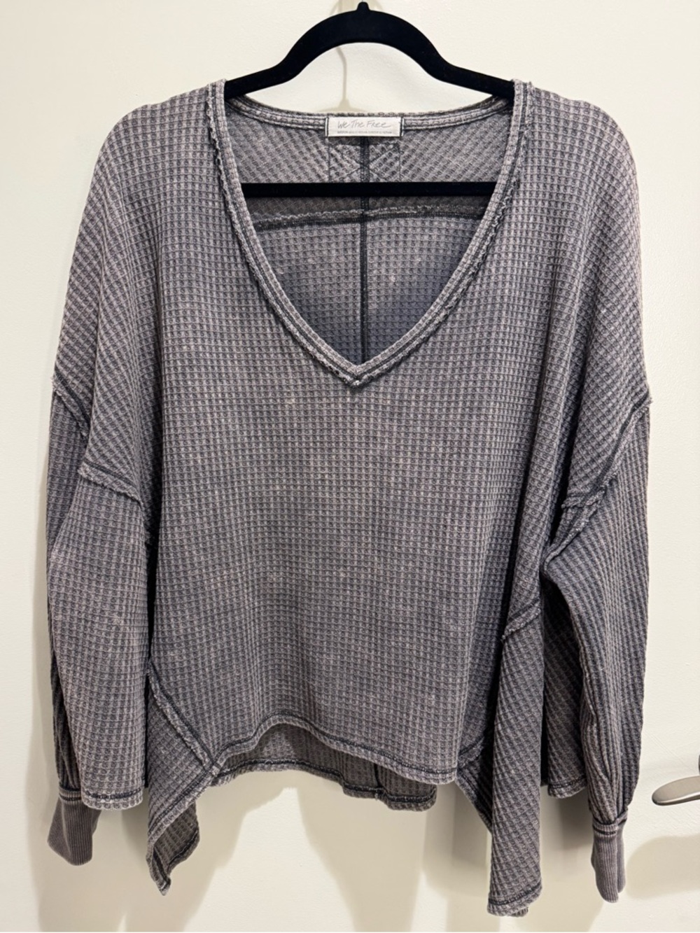 We The Free Coraline Thermal Long Sleeves Waffle Knit Top, Gray, M